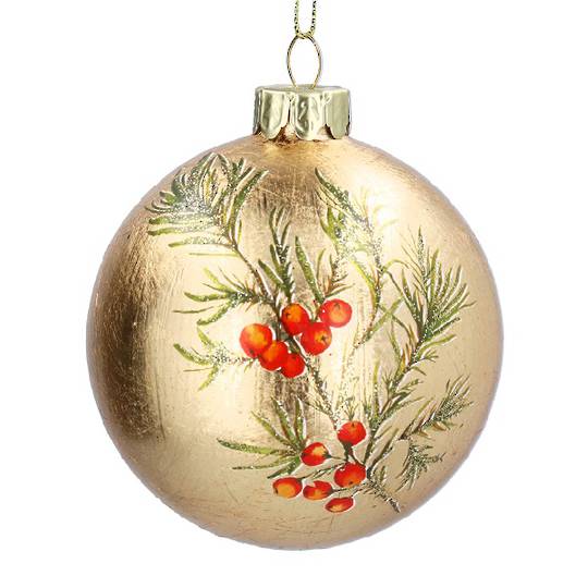 INDENT - Pack 12, Glass Ball Gold, Fir & Berry Spray 8cm